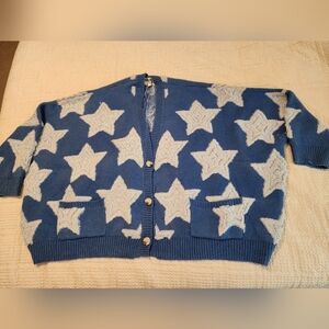 Bucket List Blue White Star Pattern Button-Up Chunky Cardigan Oversized 3X